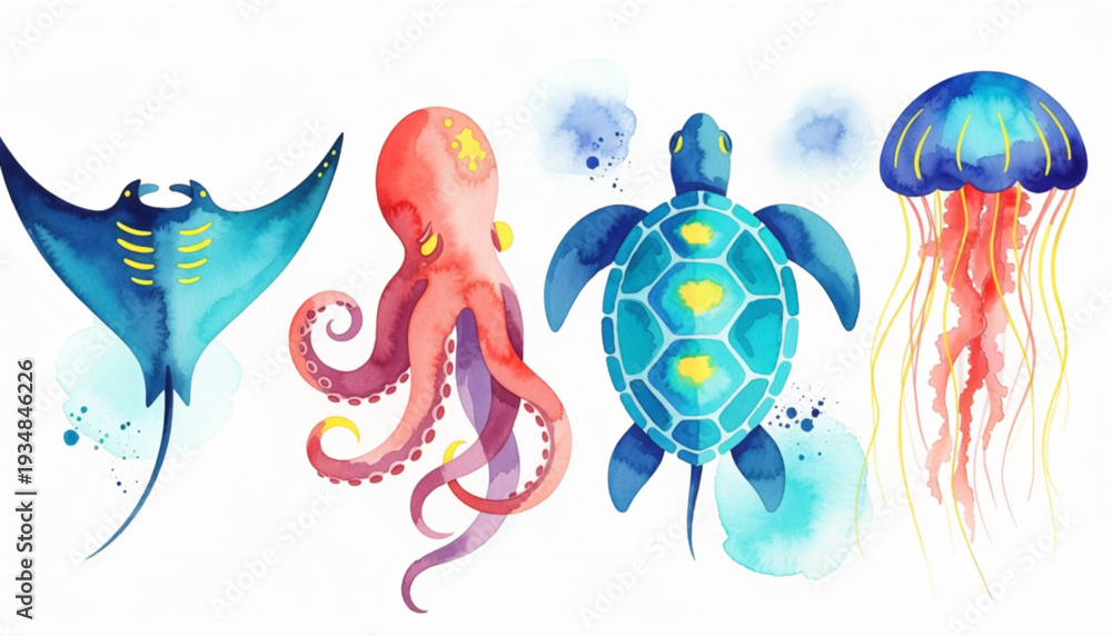 Fototapeta premium Colorful Watercolor Sea Animals Set with Stingray Octopus Sea Turtle and Jellyfish