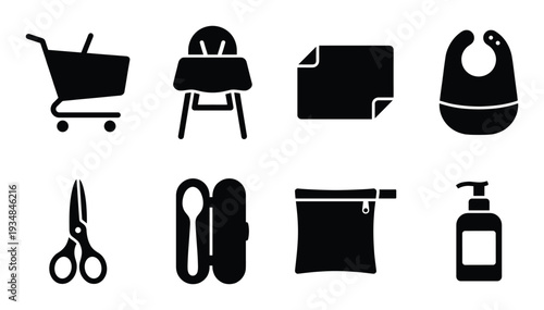 Baby supplies vector illustration with shopping cart, high chair, bib, spoon, container, sanitizer bottle