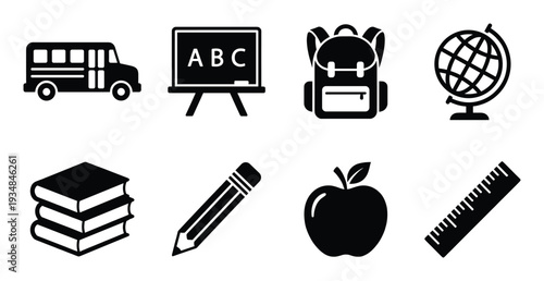 Back to school black silhouette concept with school bus blackboard backpack globe and books