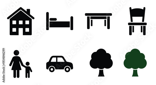 Basic house elements as building bed table chair family car tree and green nature tree on transparent