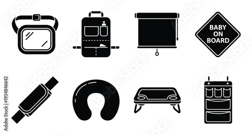 Collection of car accessories icons with a clean and minimalist design style for baby needs
