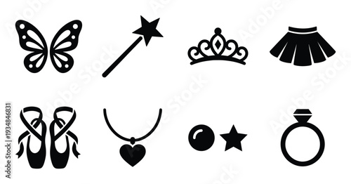 Fairy tale princess girl accessories set for creative play and costume design flat black vector art