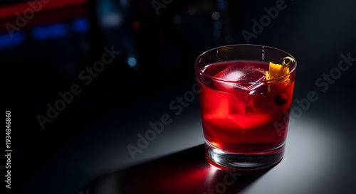 Elegant Negroni Cocktail with Ice and Orange Garnish, Dark Background