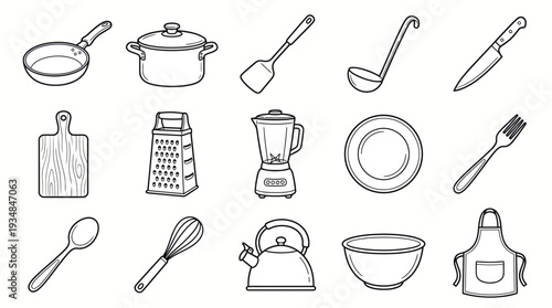 Comprehensive set of essential kitchen utensils and cooking equipment presented as clean line art icons, perfect for culinary designs, recipe blogs, or home economics educational materials
