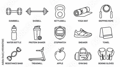 A comprehensive collection of outline vector icons representing various essential fitness and gym equipment, perfect for health, workout, and sports-related designs