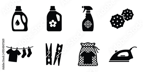 Laundry and washing service vector elements for household needs and textile cleaning concept set