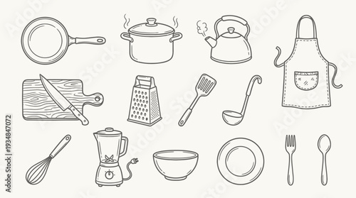 Collection of kitchen utensils and cooking equipment, including pots, pans, utensils, and appliances, for culinary purposes