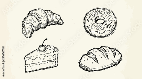 Hand-drawn sketch illustration of a croissant, donut, cake slice, and bread loaf, representing baked goods and pastries for culinary themes
