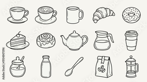Hand-drawn vector icons showcasing various beloved coffee drinks, comforting teas, and delightful bakery items, perfect for charming graphic design projects