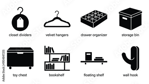 Organization and storage solutions for home storage icons set on a transparent background