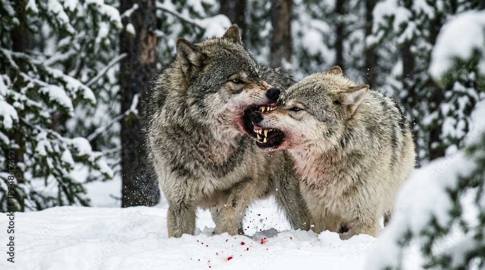 Obraz premium Powerful Grey Wolves Ferociously Snapping Fangs In A Gory Winter Showdown On Blood Stained Snow