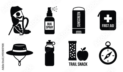 Set of hiking vector icons about outdoor activities, camping gear, backpacking and nature exploration