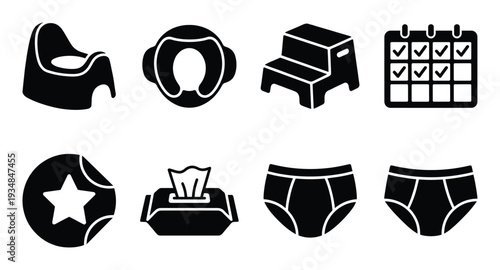 Set of hygiene and baby care items vector illustration with potty training, calendar, sticker, wipes