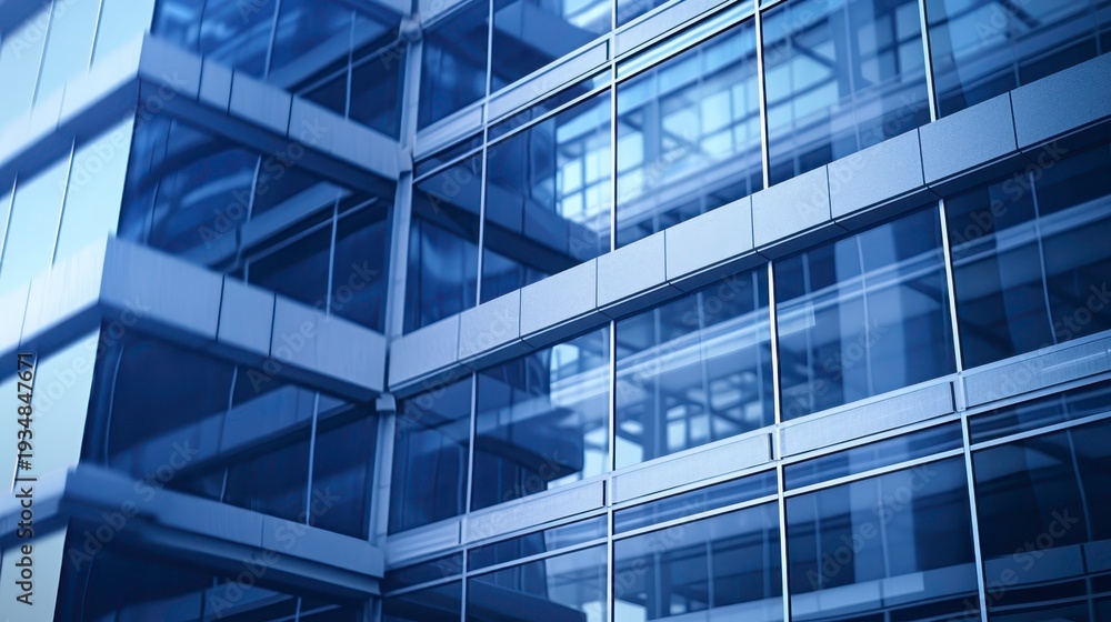 Obraz premium Modern Urban Glass Building Facade Reflecting Cityscape at Dusk