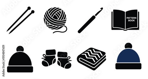Set of vector icons representing knitting and crocheting equipment and handmade clothing items