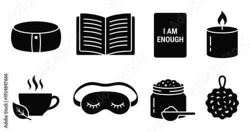 Set of vector icons representing self care activities for mental health, relaxation, and well being