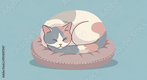 Sleeping calico cat curled up on a pink cushion serene and cozy against a soothing blue background