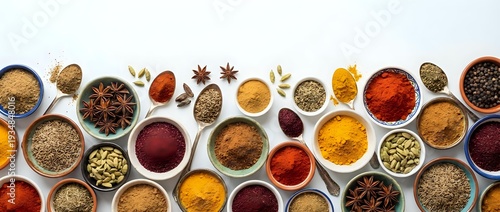Colorful spices and herbs collection in bowls and spoons arranged on white background. Cooking ingredients for culinary recipes and seasoning food preparation.