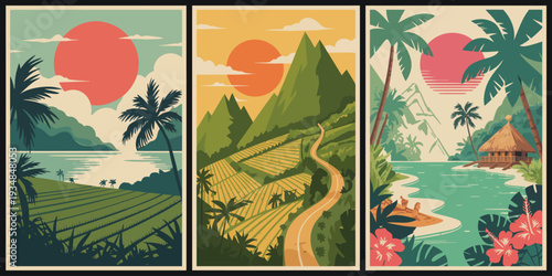Tropical Coastal and Terrace Landscape Poster Set, Coral Red Sun Palm Silhouettes and Golden Winding Path