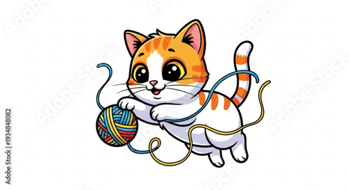 Cartoon orange and white cat playing with colorful yarn ball on white background