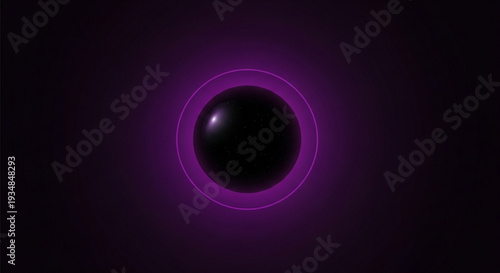 Glowing purple orb with dark center and concentric circles in a futuristic neon light setting with abstract background