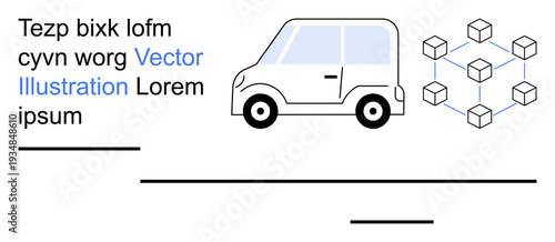 Transportation technology, blockchain, decentralized systems, electric vehicles, smart mobility, modern connectivity. Electric car and cube nodes interconnected. Transportation technology