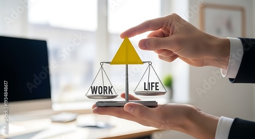 Person balances miniature scales labeled 