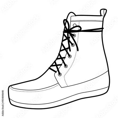 Lace-up platform ankle boot women single line. Chunky sole with front lacing for cocktail, reception event. Technical fashion illustration CAD mockup clean vector men unisex isolated classic style.