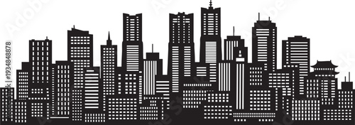 Dense city skyline silhouette with numerous skyscrapers and tall buildings in bustling urban landscape