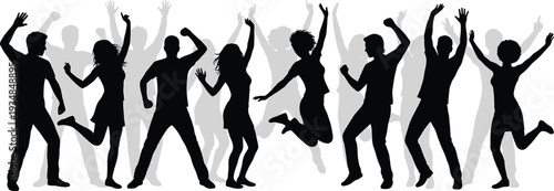 Silhouettes of Happy People Dancing Together in Energetic Party Celebration Showing Joy, Music, Freedom, Youth, and Social Event Concept