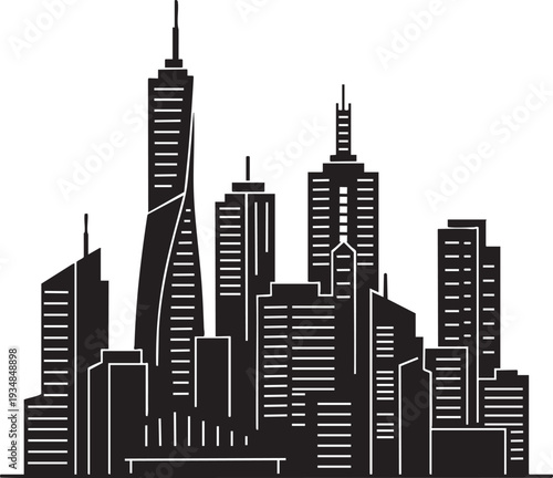 Futuristic city skyline silhouette with modern skyscrapers and contemporary buildings in urban landscape