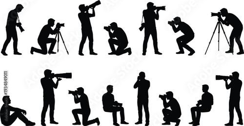 Silhouettes of Photographers Taking Photos in Various Poses Showing Professional Photography, Media Coverage, Journalism, and Creative Industry Concept