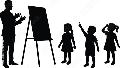 Silhouettes of Teacher and Children Learning Together in Classroom Showing Education, Teaching, Curiosity, Childhood Development, and Knowledge Concept