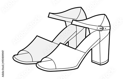Block heel sandal women single line pair. Open toe ankle strap dress footwear for reception, cocktail summer. Technical fashion illustration, CAD mockup, clean vector men unisex isolated classic style