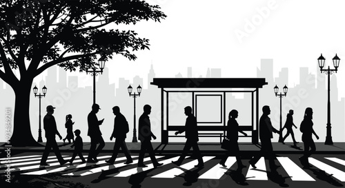 Urban city street crossing with people silhouettes bus stop trees skyline daily life black white vector illustration metropolitan scene