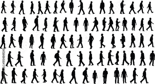 Walking people silhouettes collection showing diverse human figures crowd movement isolated black icons on white background illustration design set concept