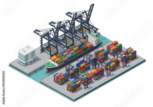 A container ship at a port loading and unloading cargo with tall cranes and stacks of containers