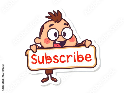 Happy cartoon boy with glasses holding a subscribe sign, red text