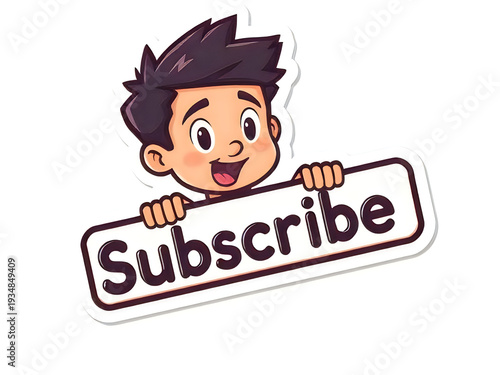 Cute cartoon boy with spiky hair holding a subscribe sign, social media sticker concept