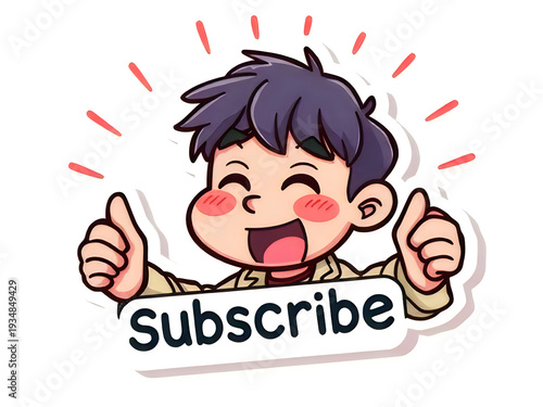 Happy cartoon boy giving thumbs up behind subscribe sign with rays of light on background
