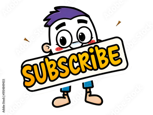 Nerd character holding big yellow subscribe board with funny eyes and purple hair sticker