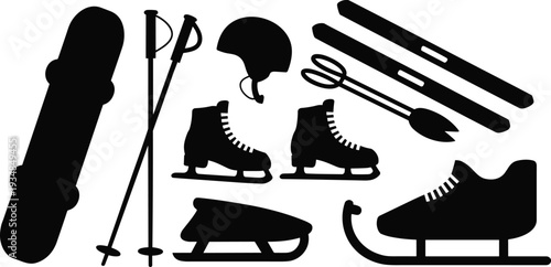 Winter sports silhouettes, ski equipment, snowboard gear, ice skates, helmet, sled, poles, alpine recreation, cold season, isolated black icons collection
