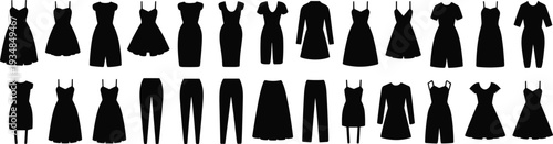 Women clothing silhouettes collection, fashionable dresses and outfits set, stylish apparel illustration isolated black fashion items on white background