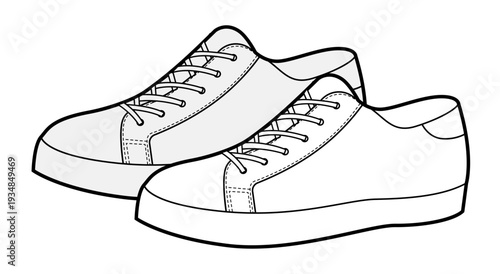Low top sneakers shoe sketch pair. Casual street footwear for everyday city look, youth style for man woman unisex. Technical fashion illustration, CAD mockup, detailed vector isolated urban style.