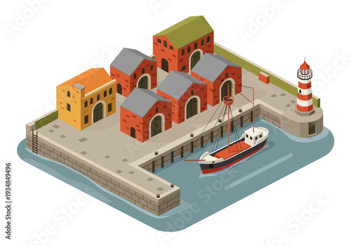 An isometric view of a harbor scene with buildings a boat and a lighthouse