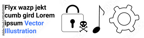 Cybersecurity, data protection, technology, malware, intellectual property, cybercrime. Black lock with a skull, music note and gear symbols. Cybersecurity and data protection concept