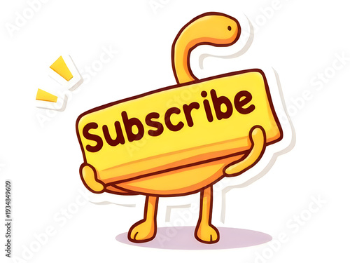 Yellow whimsical creature holding subscribe sign board isolated on white background art