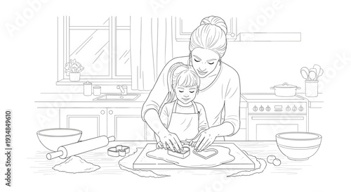 Mother and daughter making heart cookies in a cozy kitchen