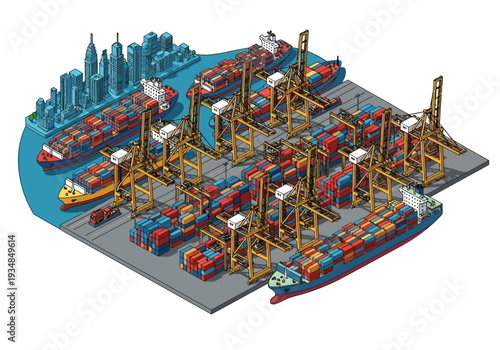 An isometric view of a port with container ships cargo cranes and cityscape