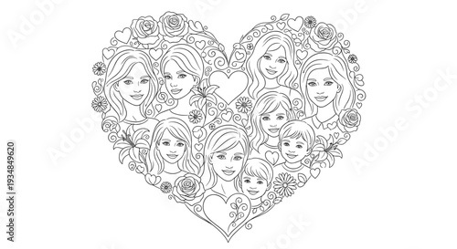 Heart-shaped collage of diverse mothers and children with floral elements